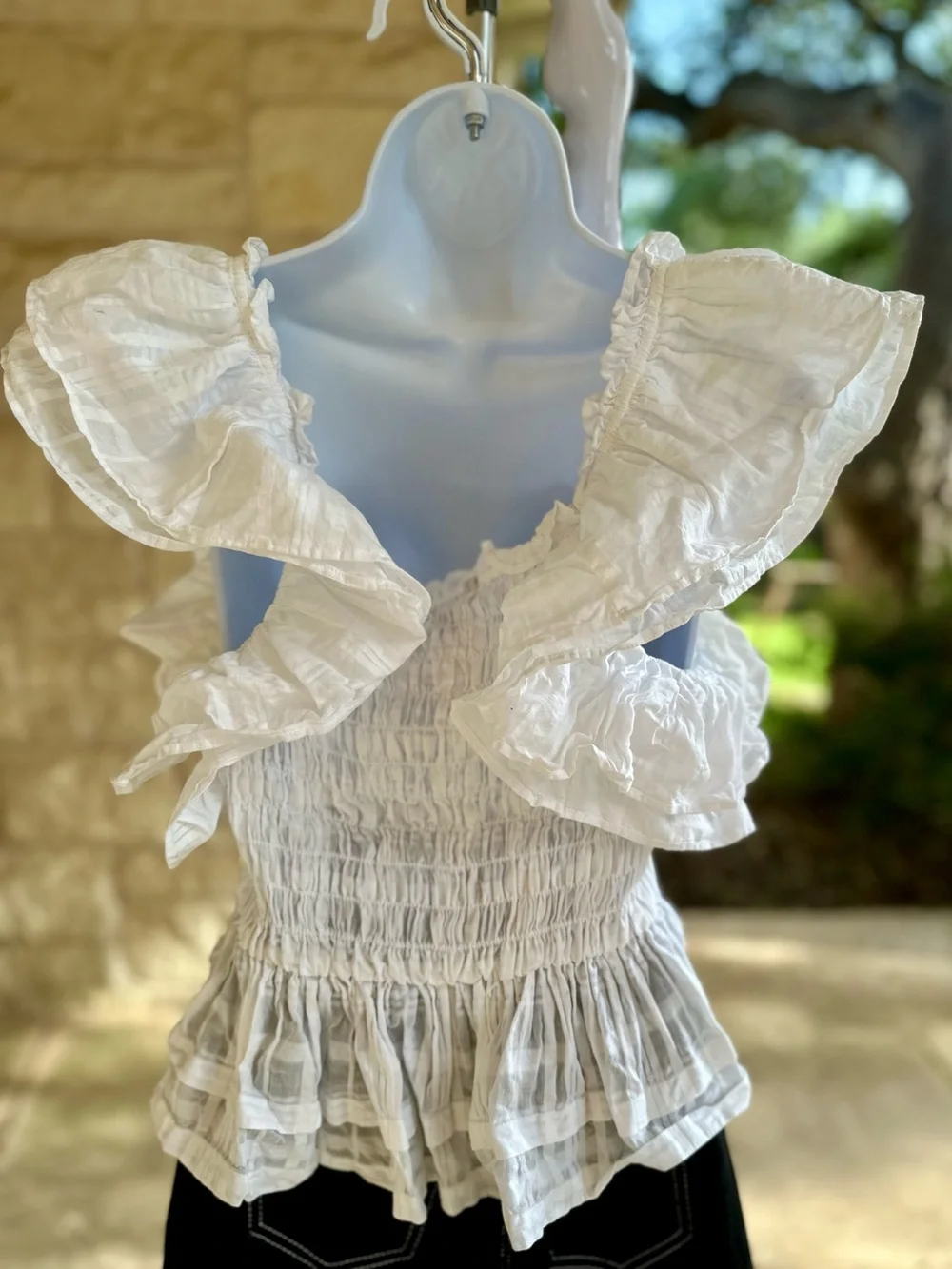 Banana Republic White Smocked Ruffle Sleeve Peplum Top